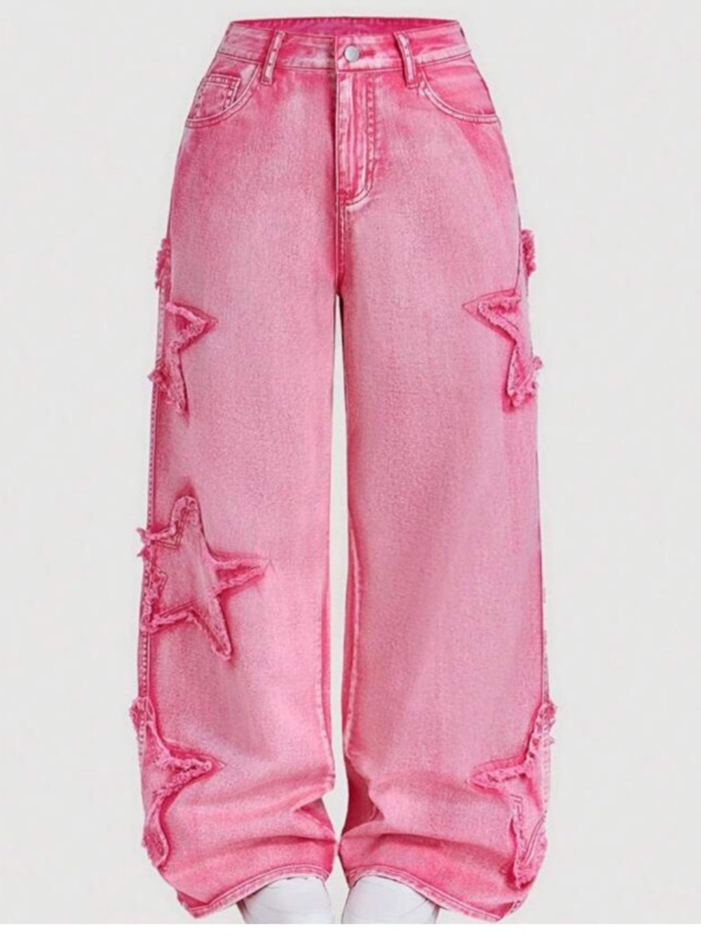 Pink Star-Detail Acid Wash Wide Leg Jeans - Women's